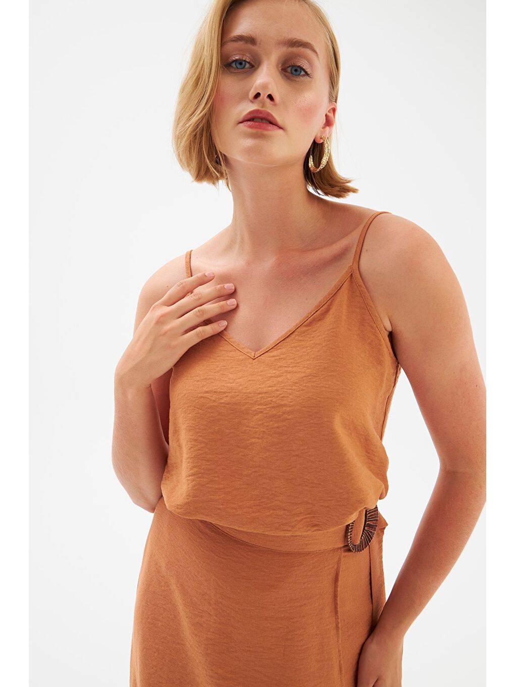 Kahverengi Keten Askılı Bluz - Taba-1