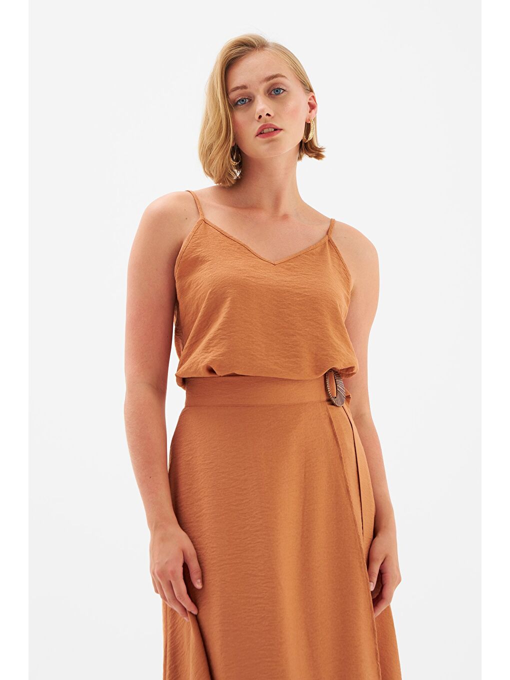 Kahverengi Keten Askılı Bluz - Taba-2