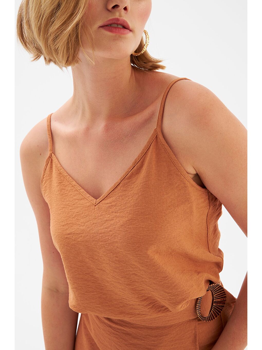 Kahverengi Keten Askılı Bluz - Taba-4
