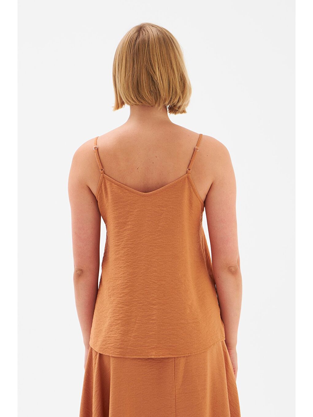 Kahverengi Keten Askılı Bluz - Taba-5