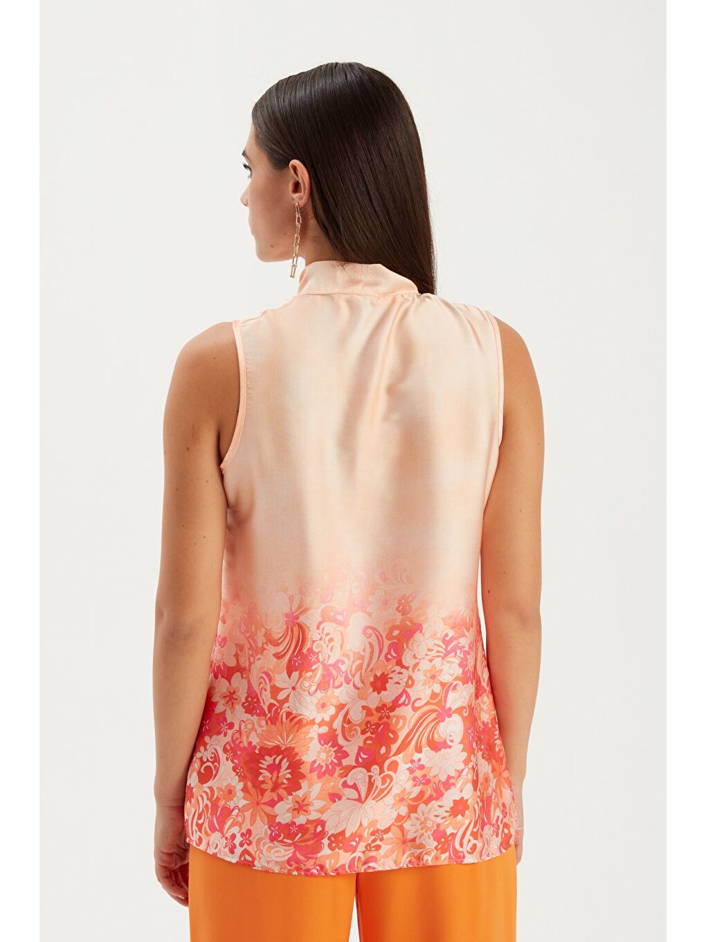 Desenli Fular Detaylı Bluz - Turuncu-4