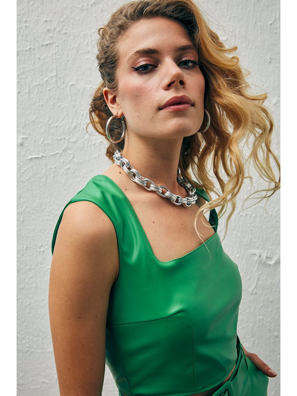 Kare Yaka Deri Crop Bluz - Yeşil-1