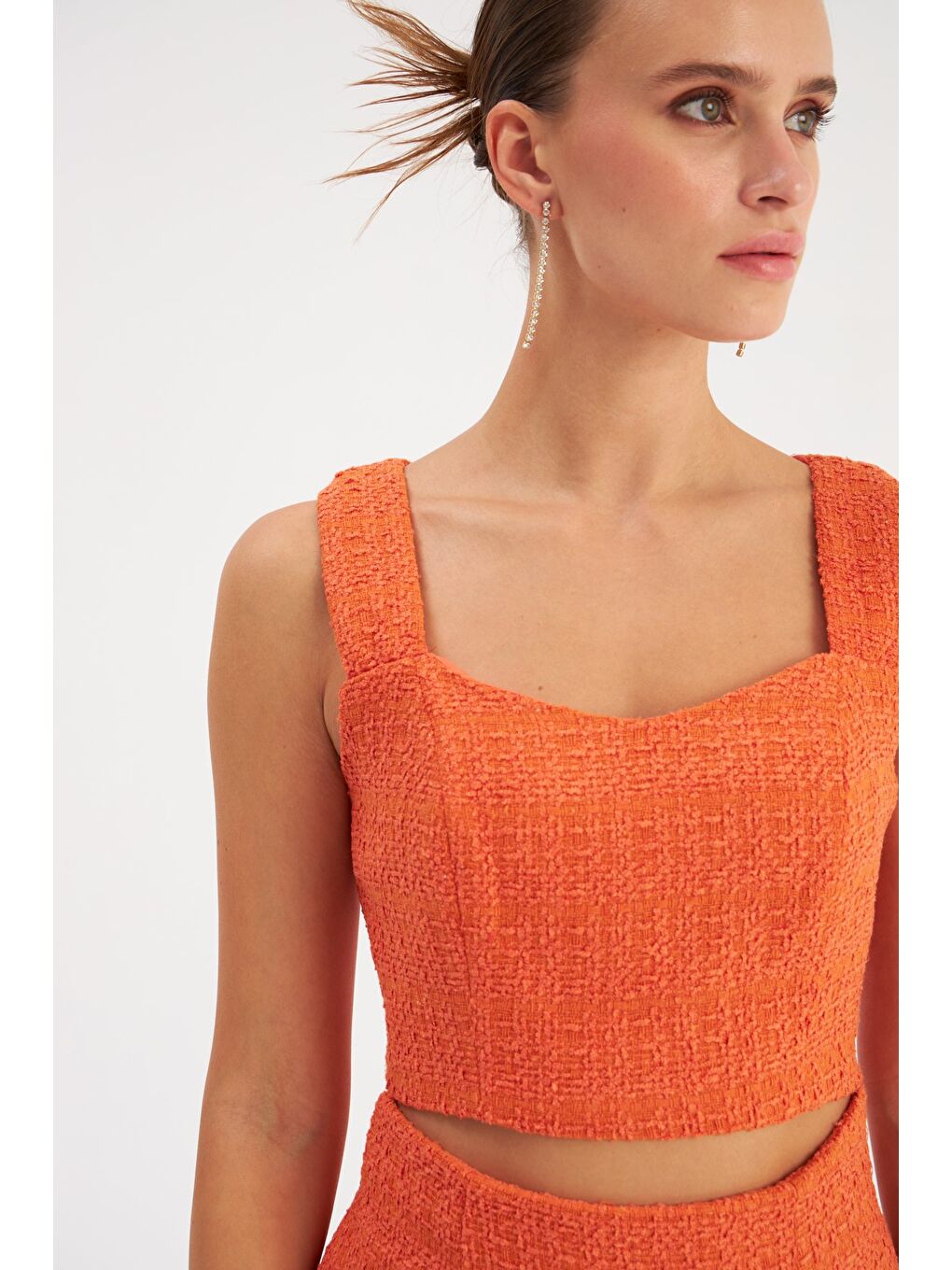 Turuncu Askılı Tüvit Crop Bluz - Oranj