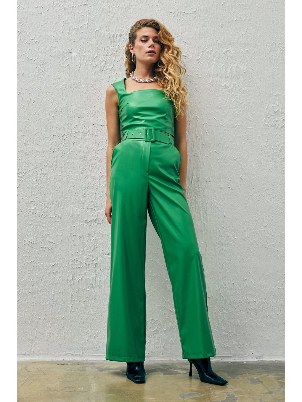 Kare Yaka Deri Crop Bluz - Yeşil-3