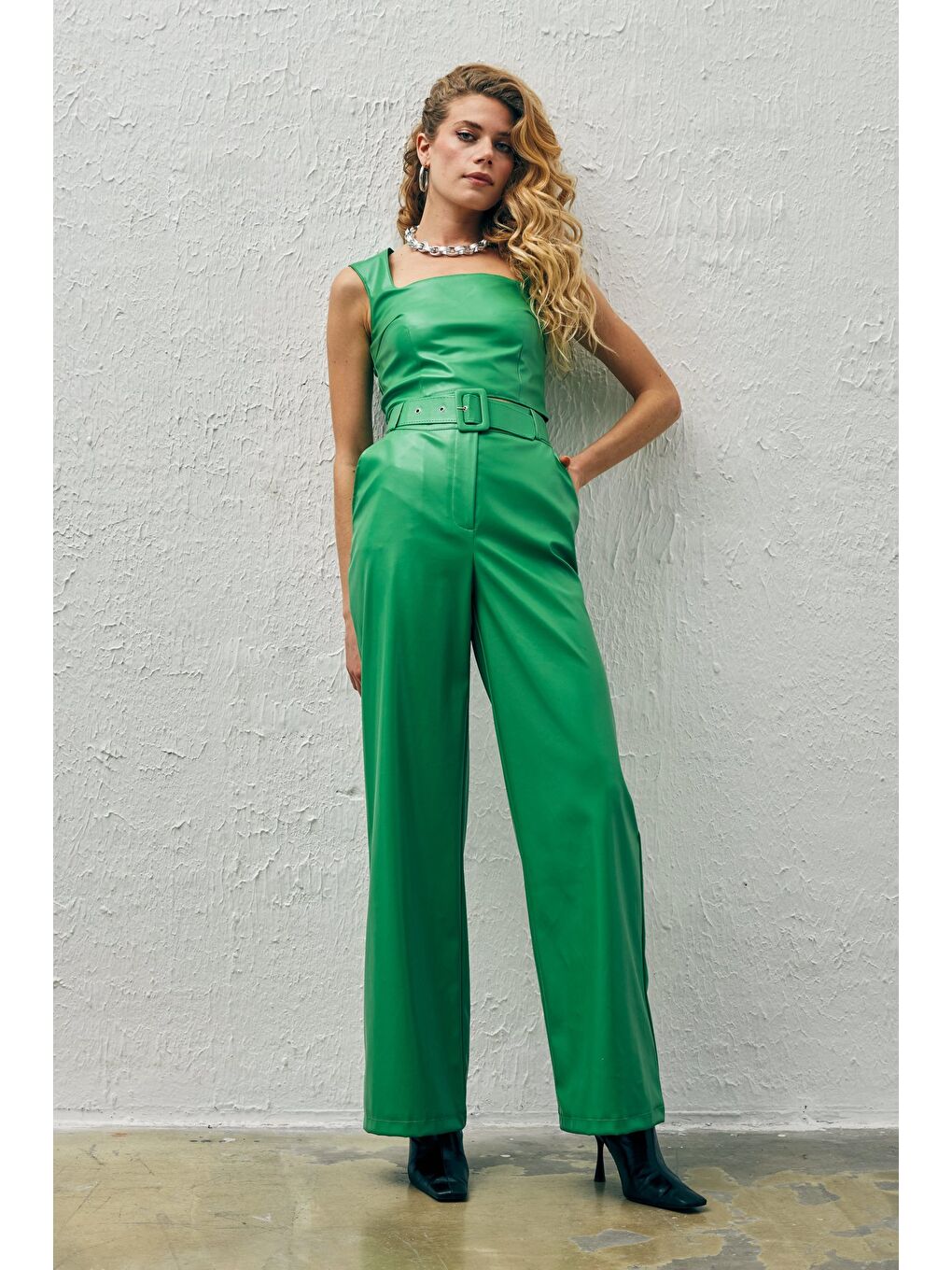 Kare Yaka Deri Crop Bluz - Yeşil-6