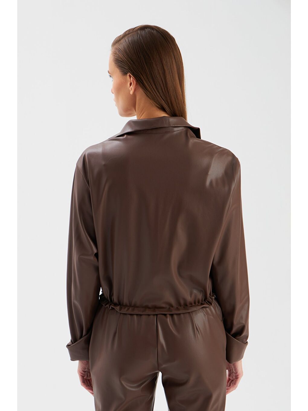 Kahverengi Büzgülü Deri Bluz - Koyu Kahve-5
