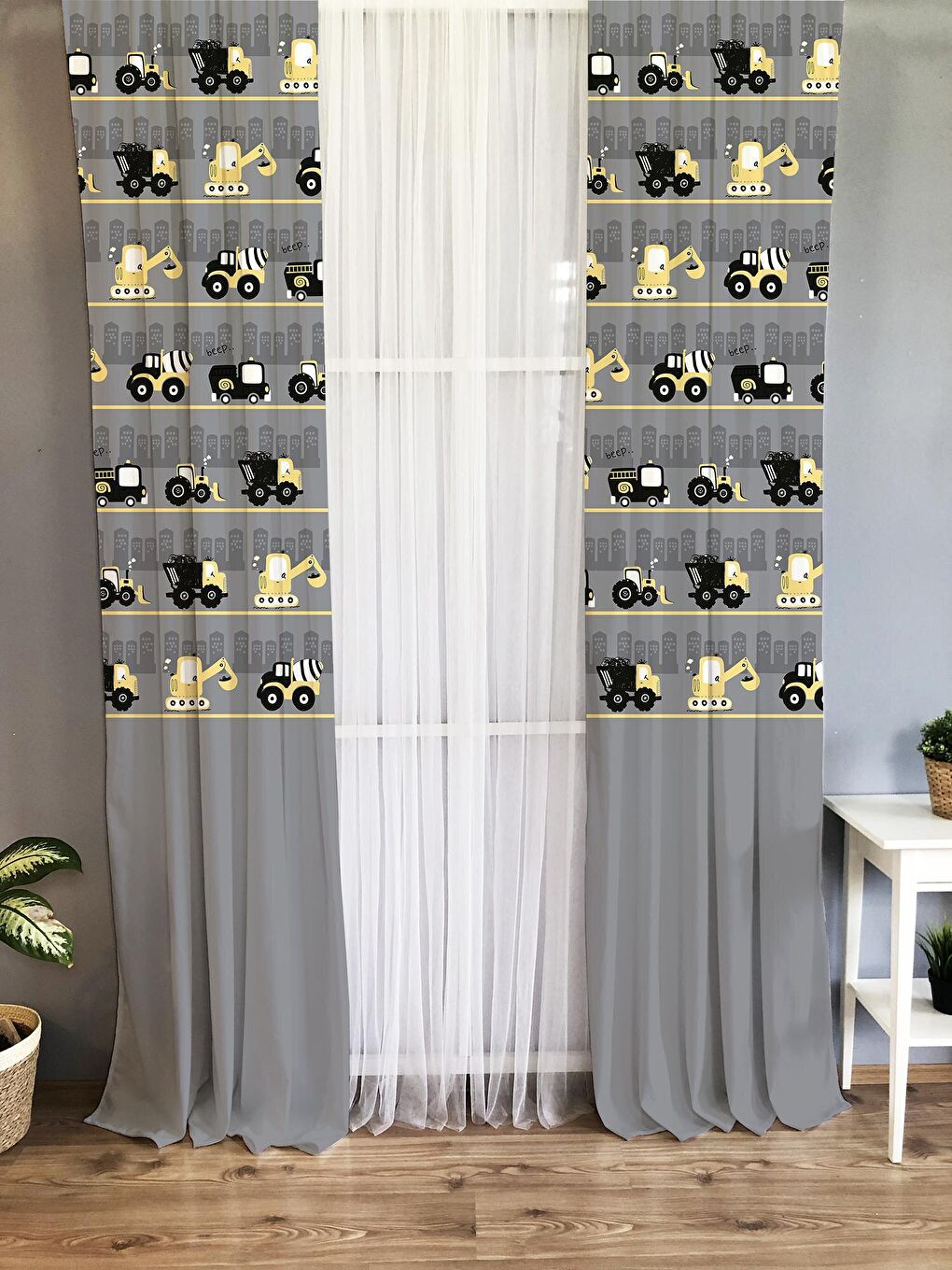 Karışık İnşaat Makineleri Desenli Çocuk Ve Bebek Odası TEK KANAT Fon Perde