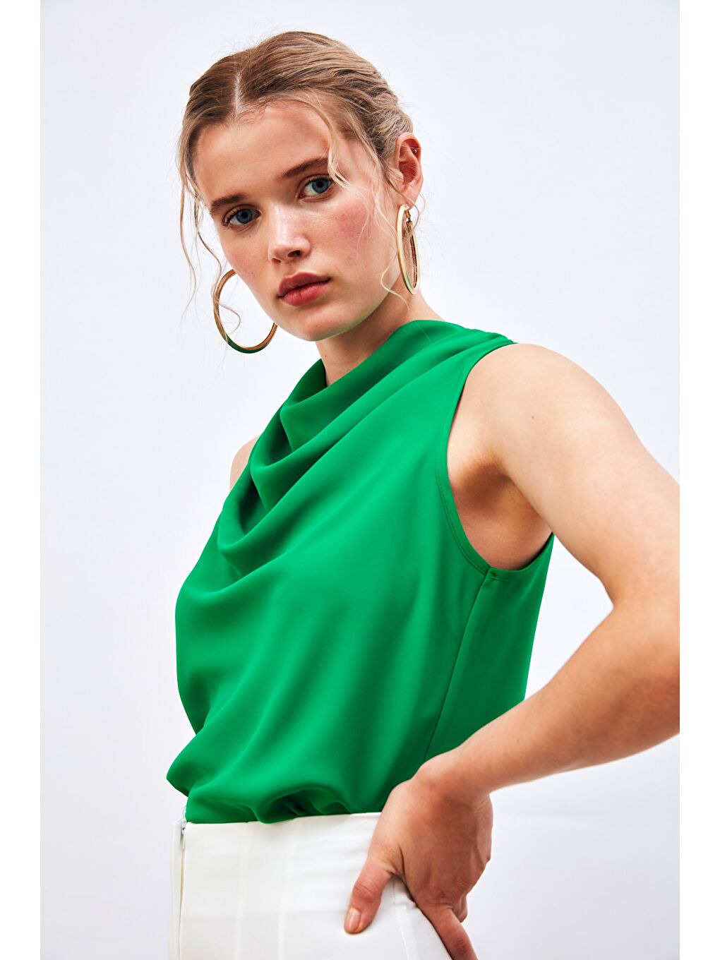 Degaje Yaka Kolsuz Bluz - Yeşil-2