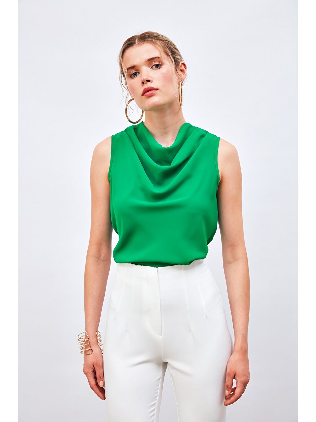 Degaje Yaka Kolsuz Bluz - Yeşil-3