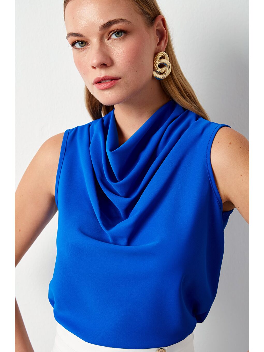 Degaje Yaka Kolsuz Bluz - Sax Mavi