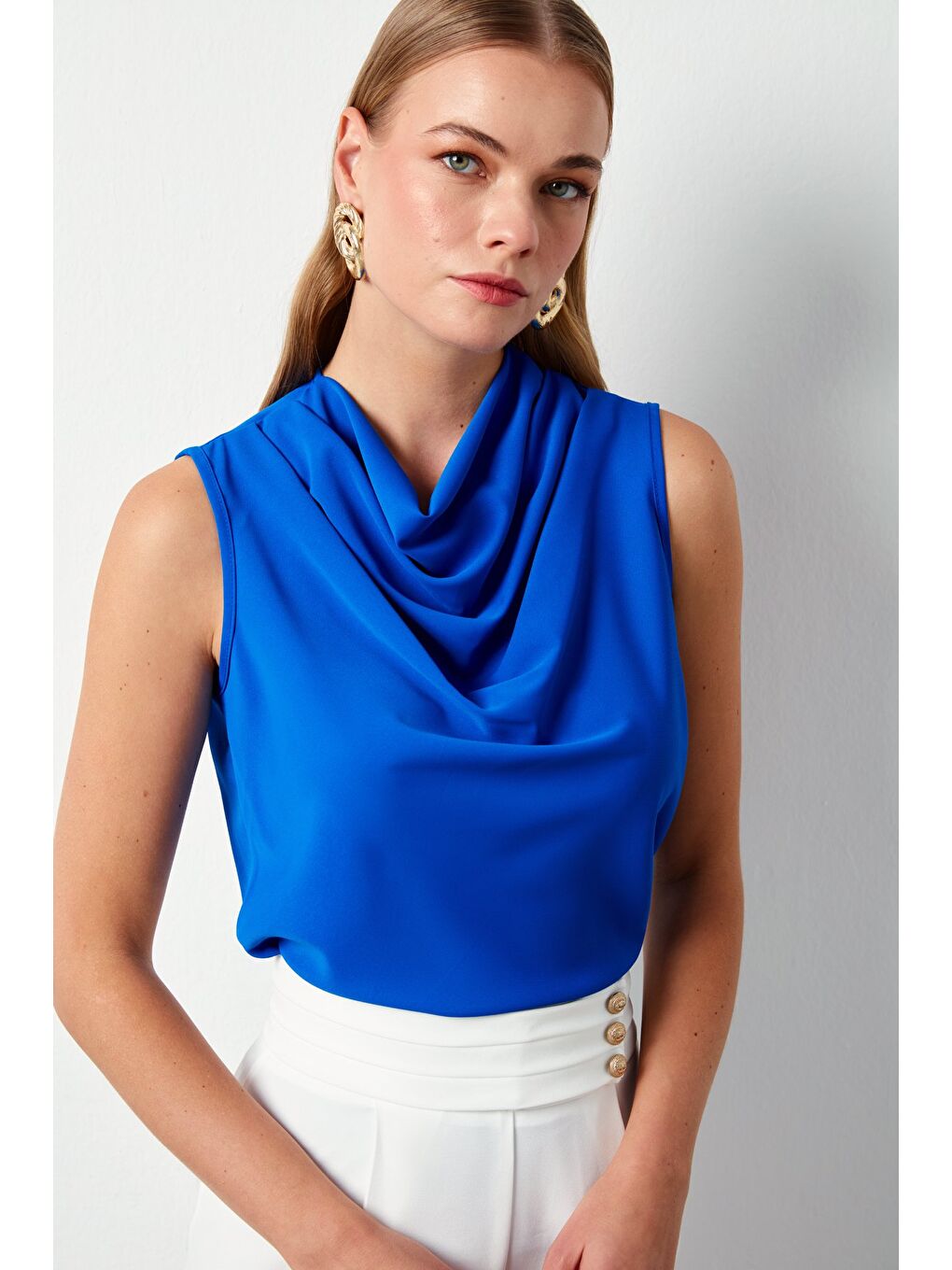 Degaje Yaka Kolsuz Bluz - Sax Mavi-1