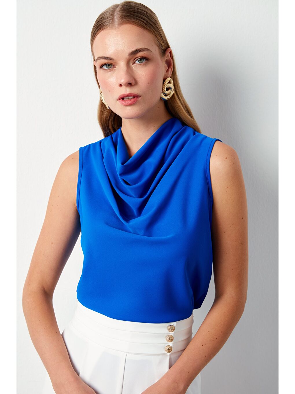 Degaje Yaka Kolsuz Bluz - Sax Mavi-2