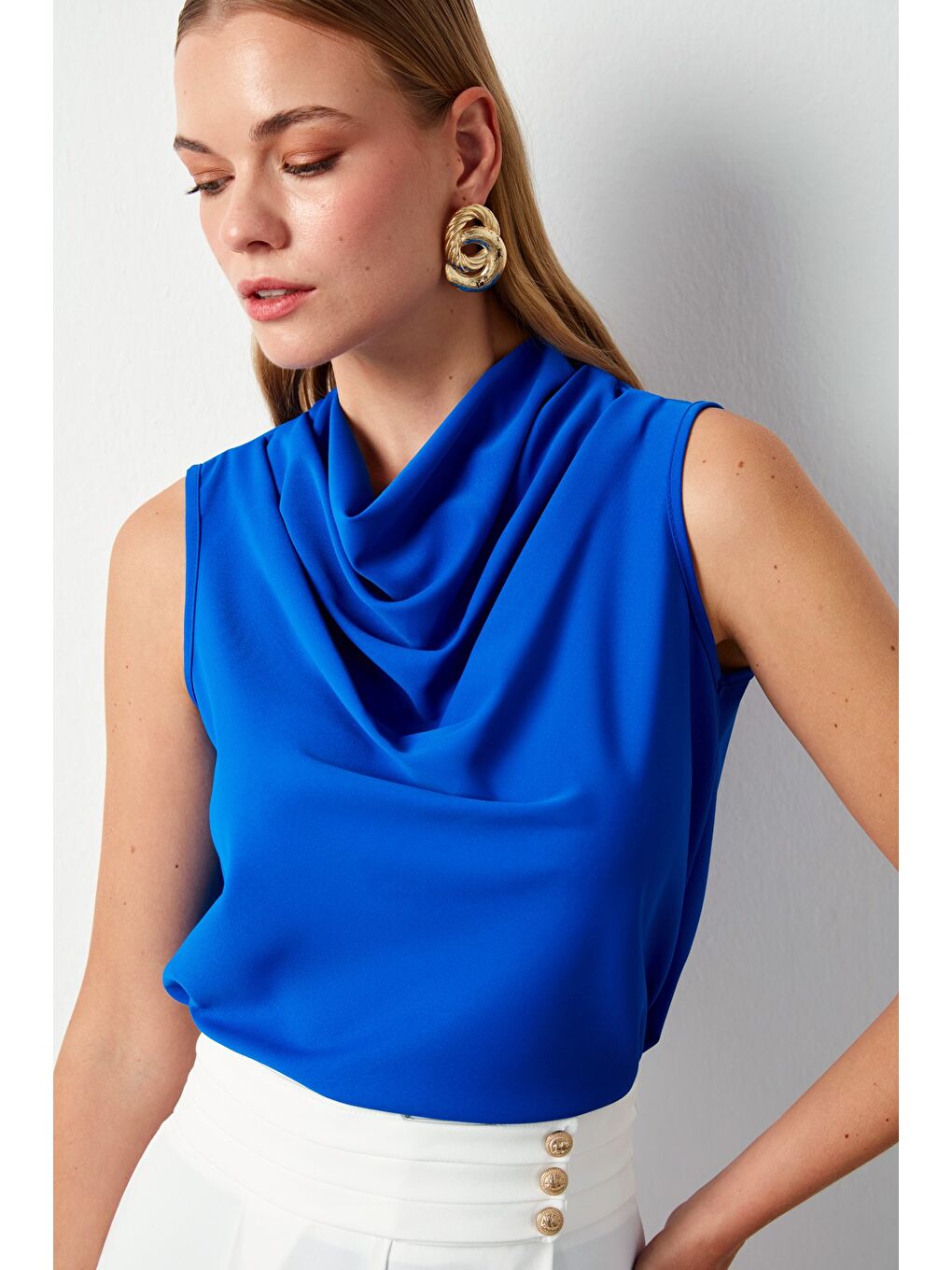 Degaje Yaka Kolsuz Bluz - Sax Mavi-3