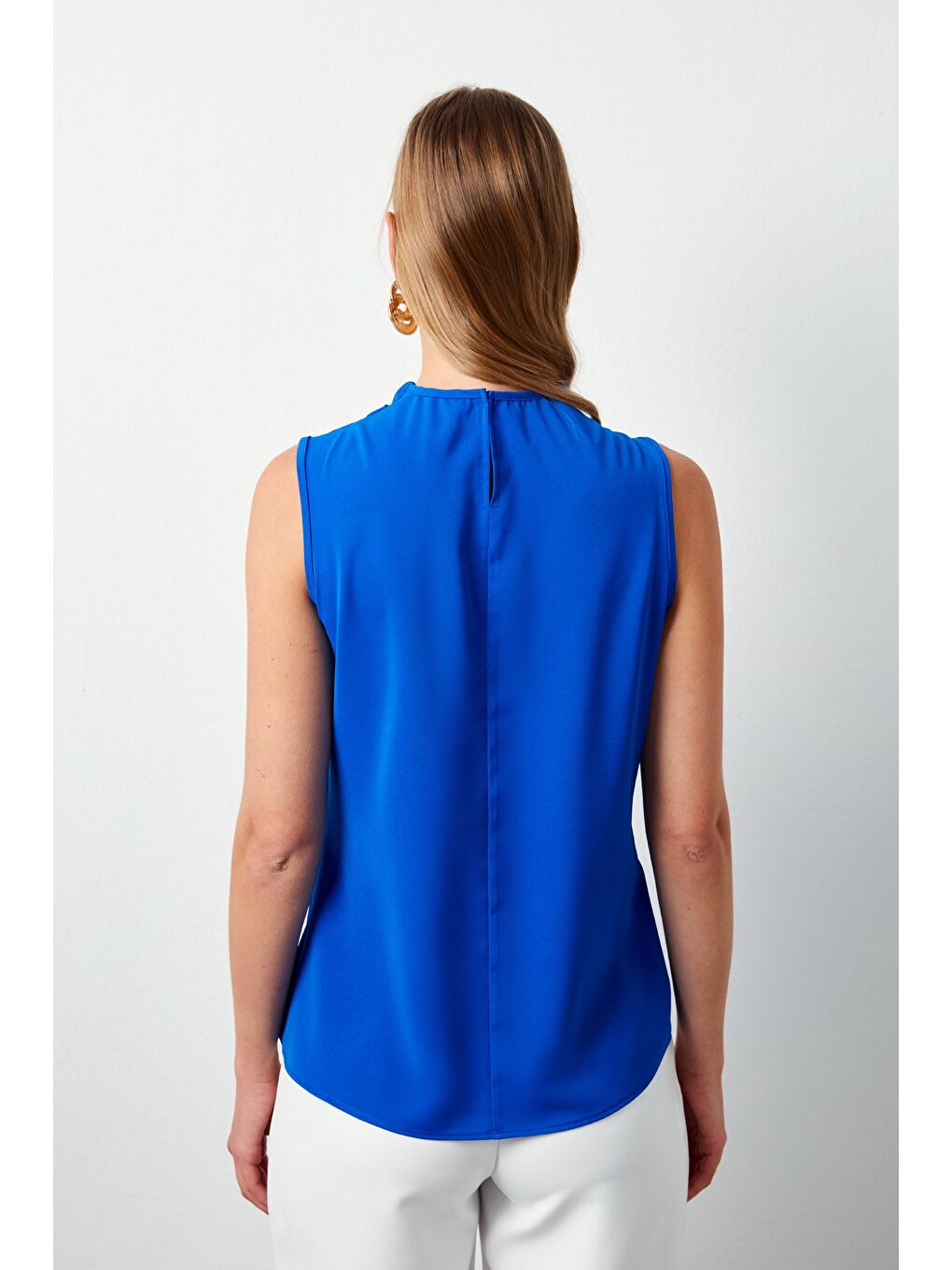 Degaje Yaka Kolsuz Bluz - Sax Mavi-4