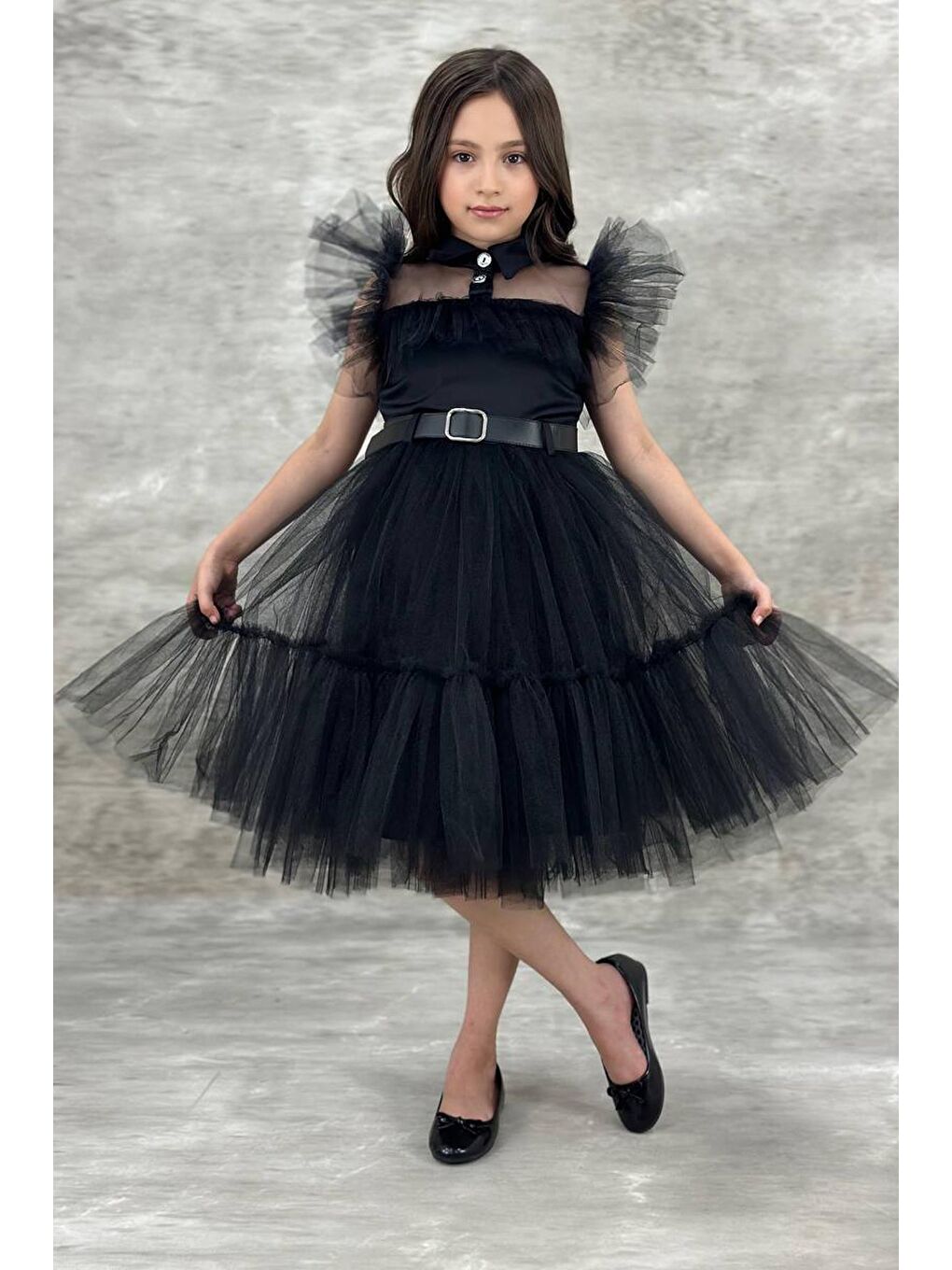 Kız Çocuk Gömlek Yaka Göğsü Ve Kolları Tül Detaylı Wednesday Siyah Elbise