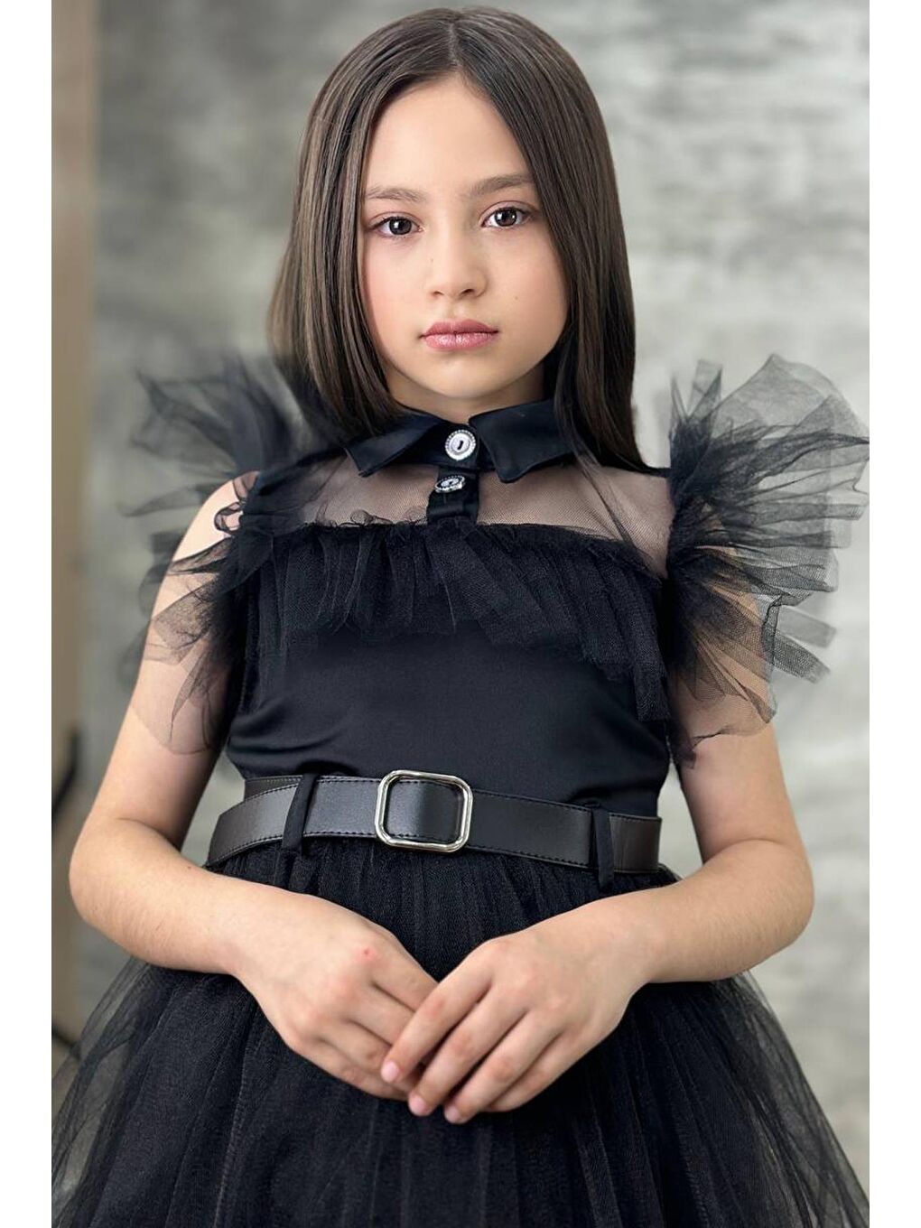 Kız Çocuk Gömlek Yaka Göğsü Ve Kolları Tül Detaylı Wednesday Siyah Elbise-2