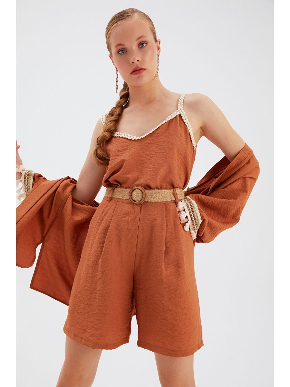 Kahverengi Keten Salaş Askılı Bluz - Taba
