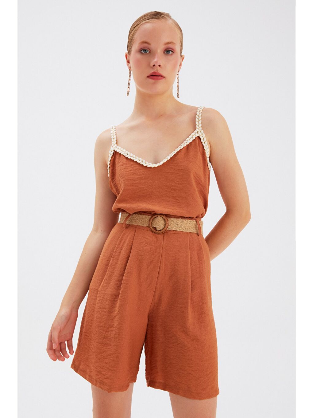 Kahverengi Keten Salaş Askılı Bluz - Taba-2