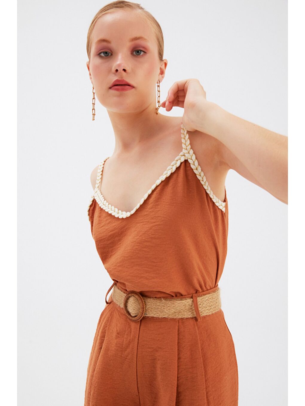 Kahverengi Keten Salaş Askılı Bluz - Taba-3