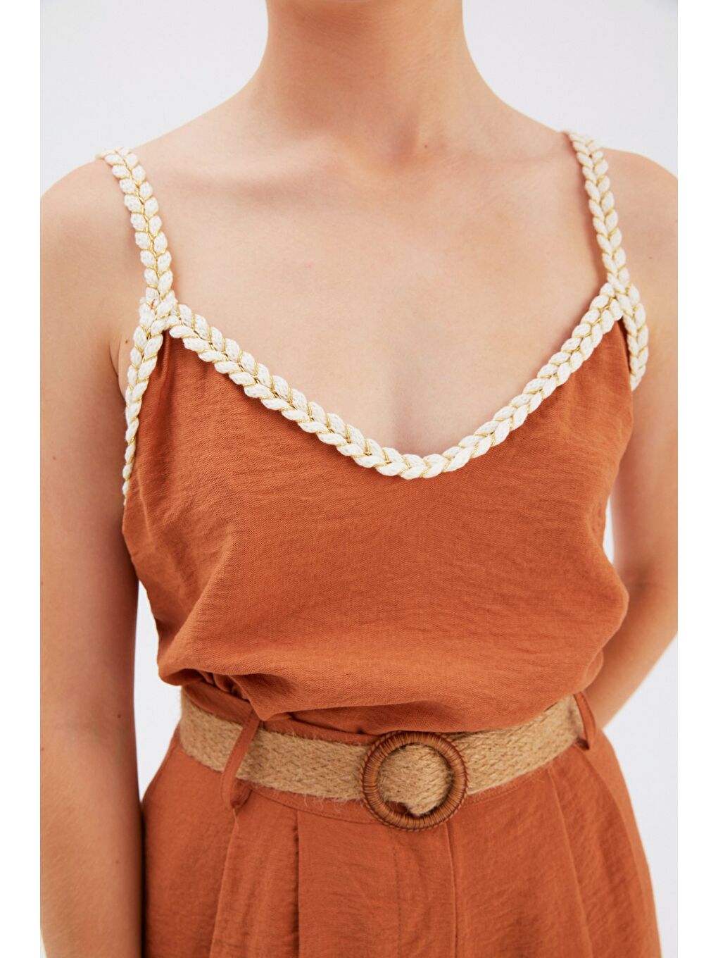 Kahverengi Keten Salaş Askılı Bluz - Taba-4