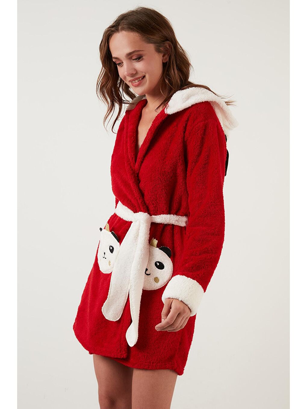 Kırmızı Belden Bağlamalı Kapüşonlu Cepli Peluş Sabahlık 6093040PANDA-2