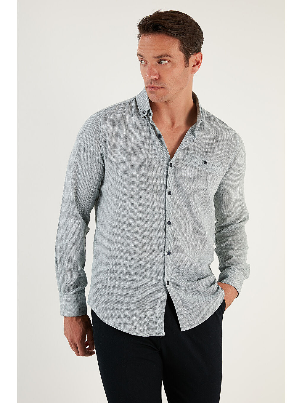 Haki %100 Pamuklu Slim Fit Uzun Kollu Erkek Gömlek CF21S111498-6