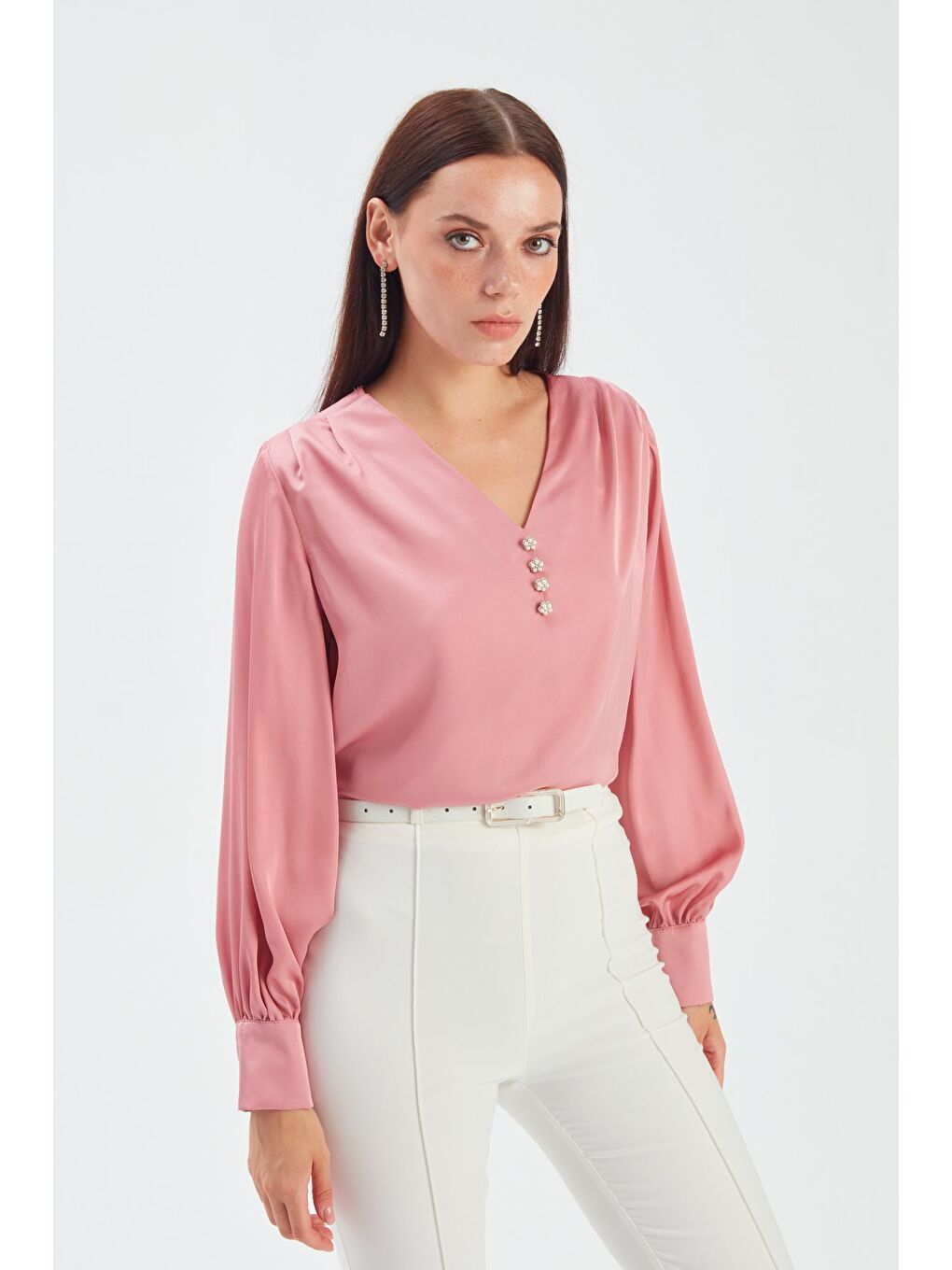 Pembe Düğme Detaylı Saten Bluz - Gül Kurusu