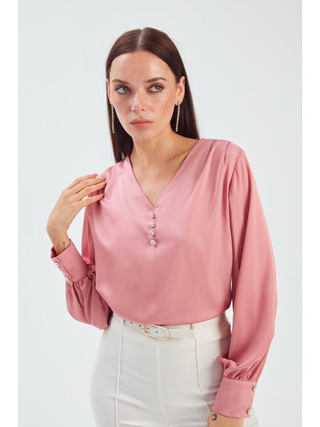 Pembe Düğme Detaylı Saten Bluz - Gül Kurusu-3