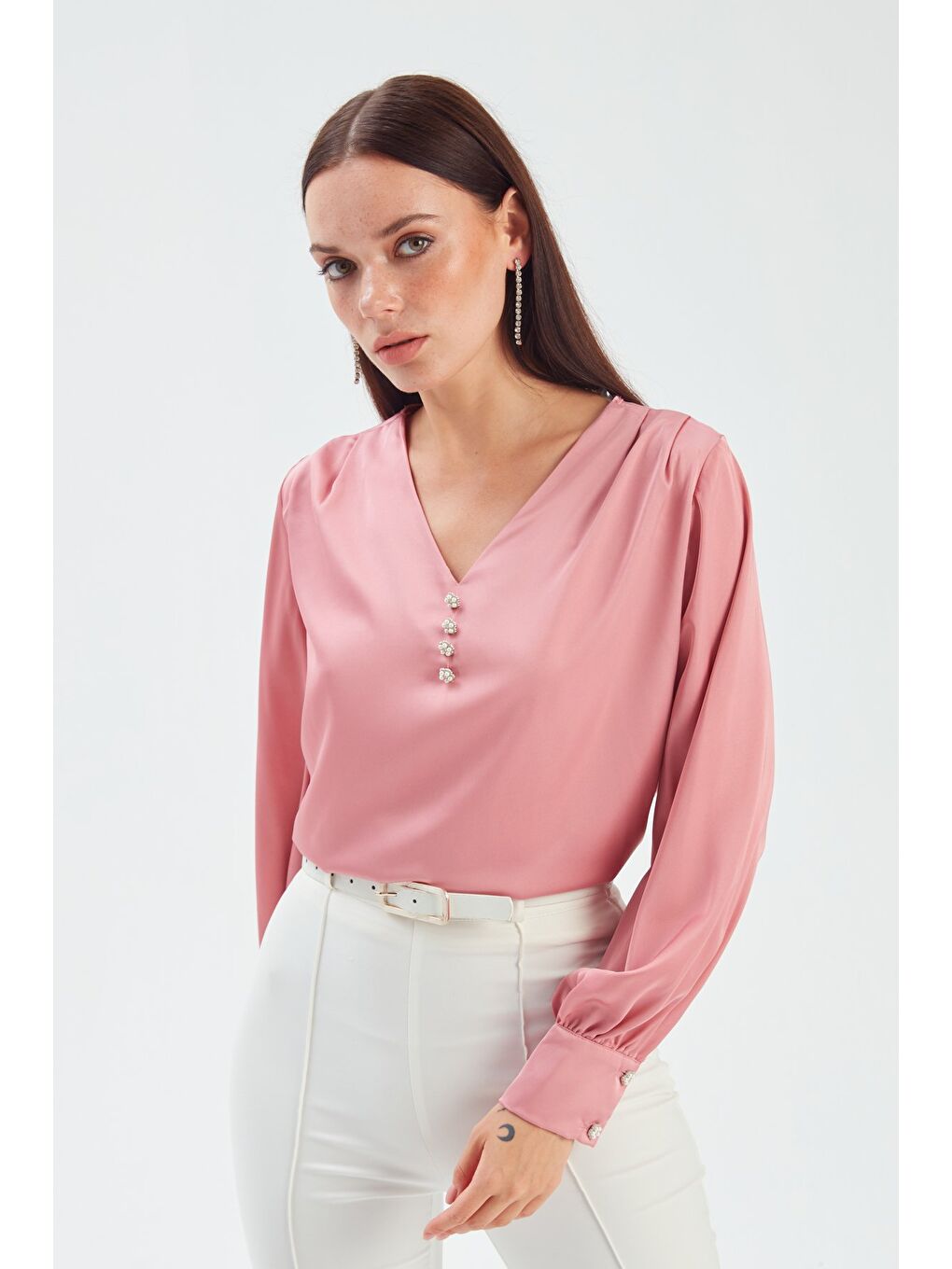 Pembe Düğme Detaylı Saten Bluz - Gül Kurusu-4