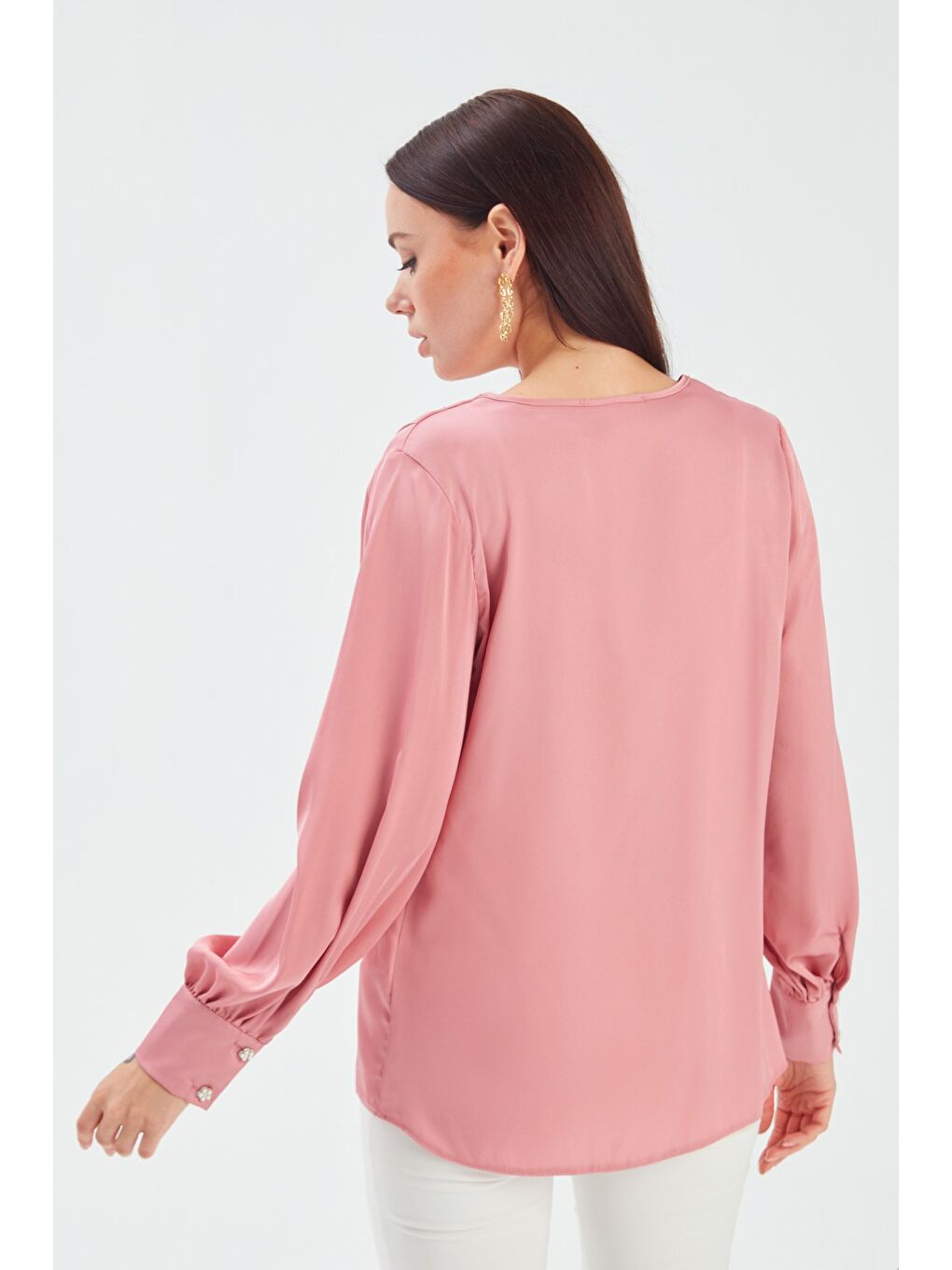 Pembe Düğme Detaylı Saten Bluz - Gül Kurusu-5