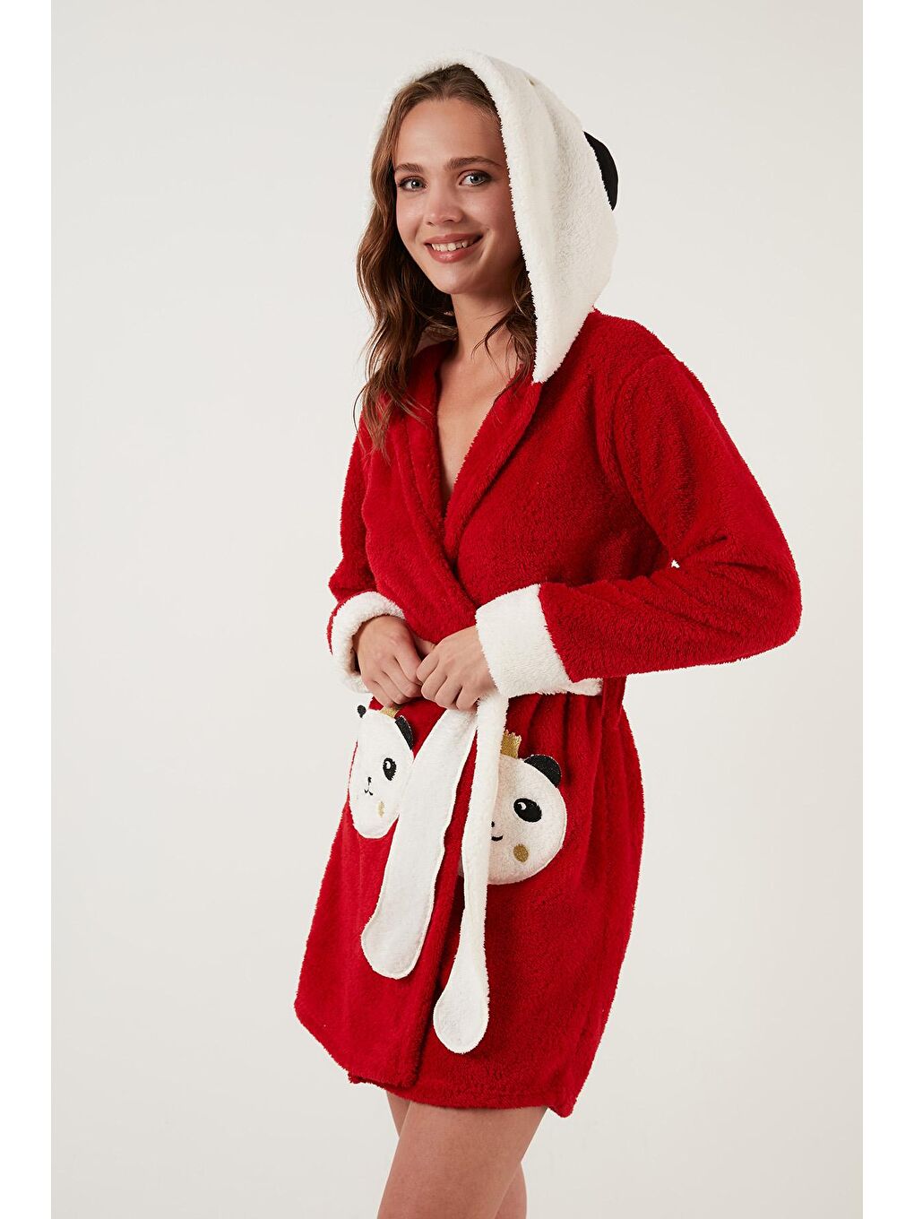 Kırmızı Belden Bağlamalı Kapüşonlu Cepli Peluş Sabahlık 6093040PANDA-4