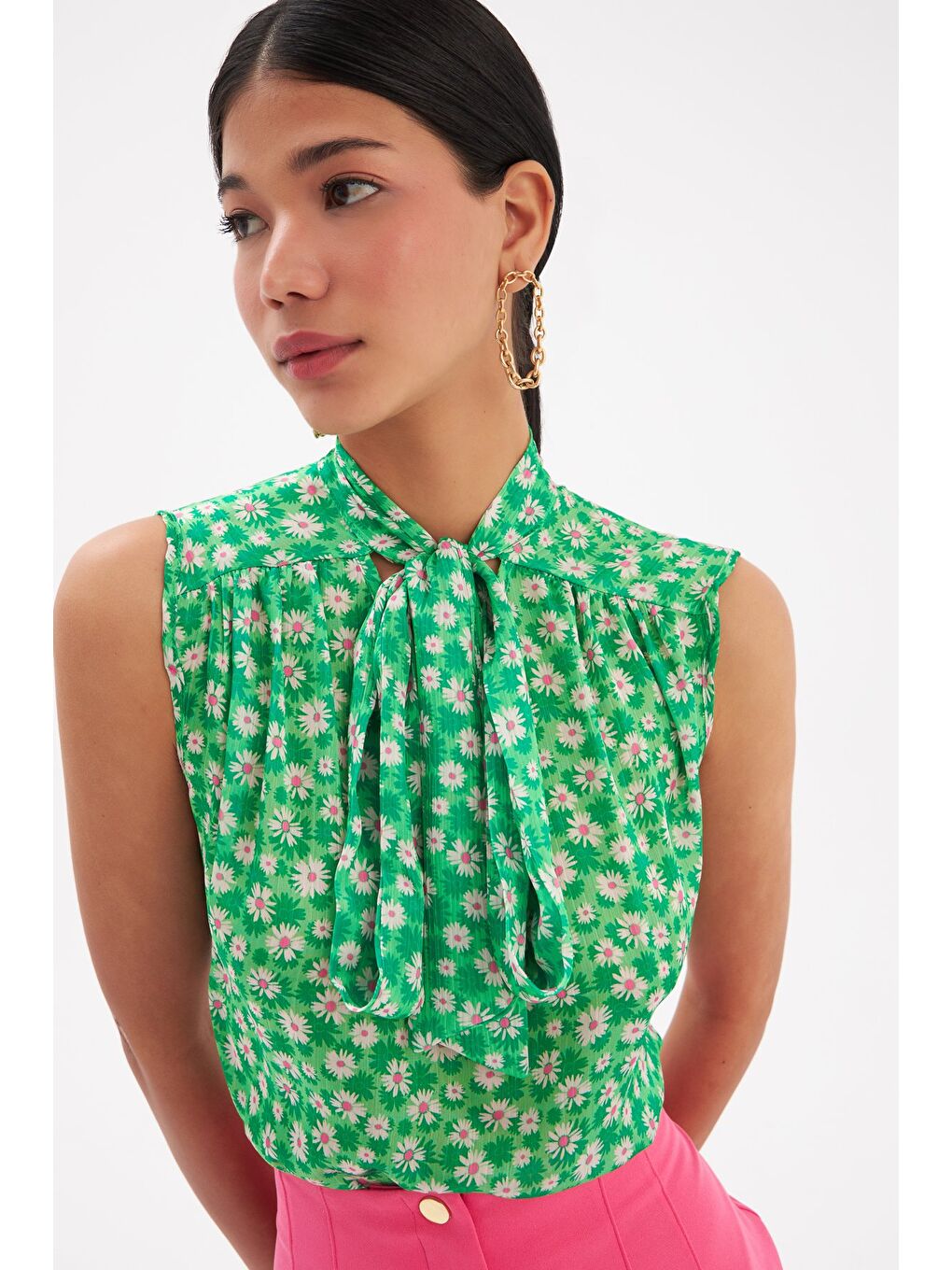 Fular Yaka Desenli Bluz - Yeşil-1