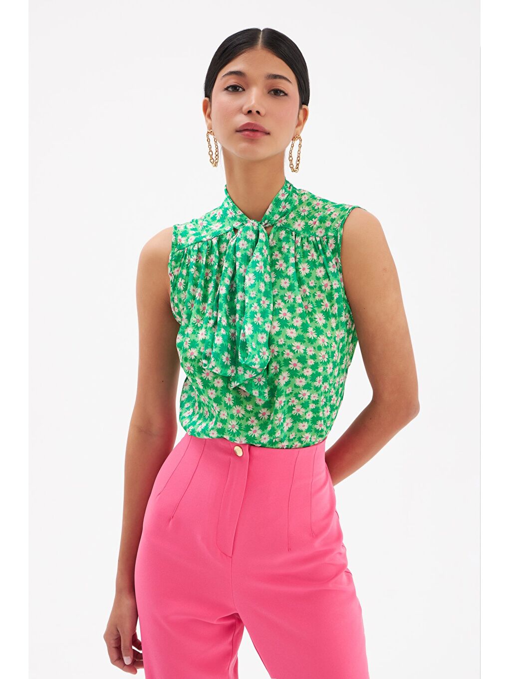 Fular Yaka Desenli Bluz - Yeşil-2