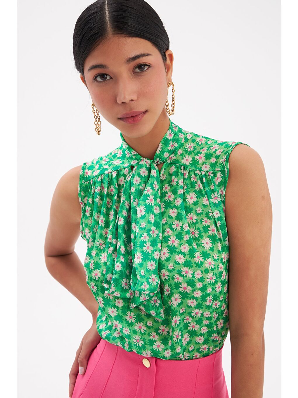 Fular Yaka Desenli Bluz - Yeşil-3