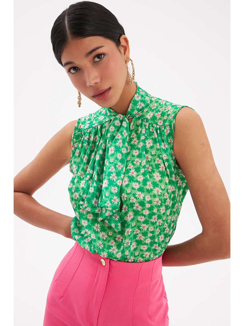 Fular Yaka Desenli Bluz - Yeşil-4