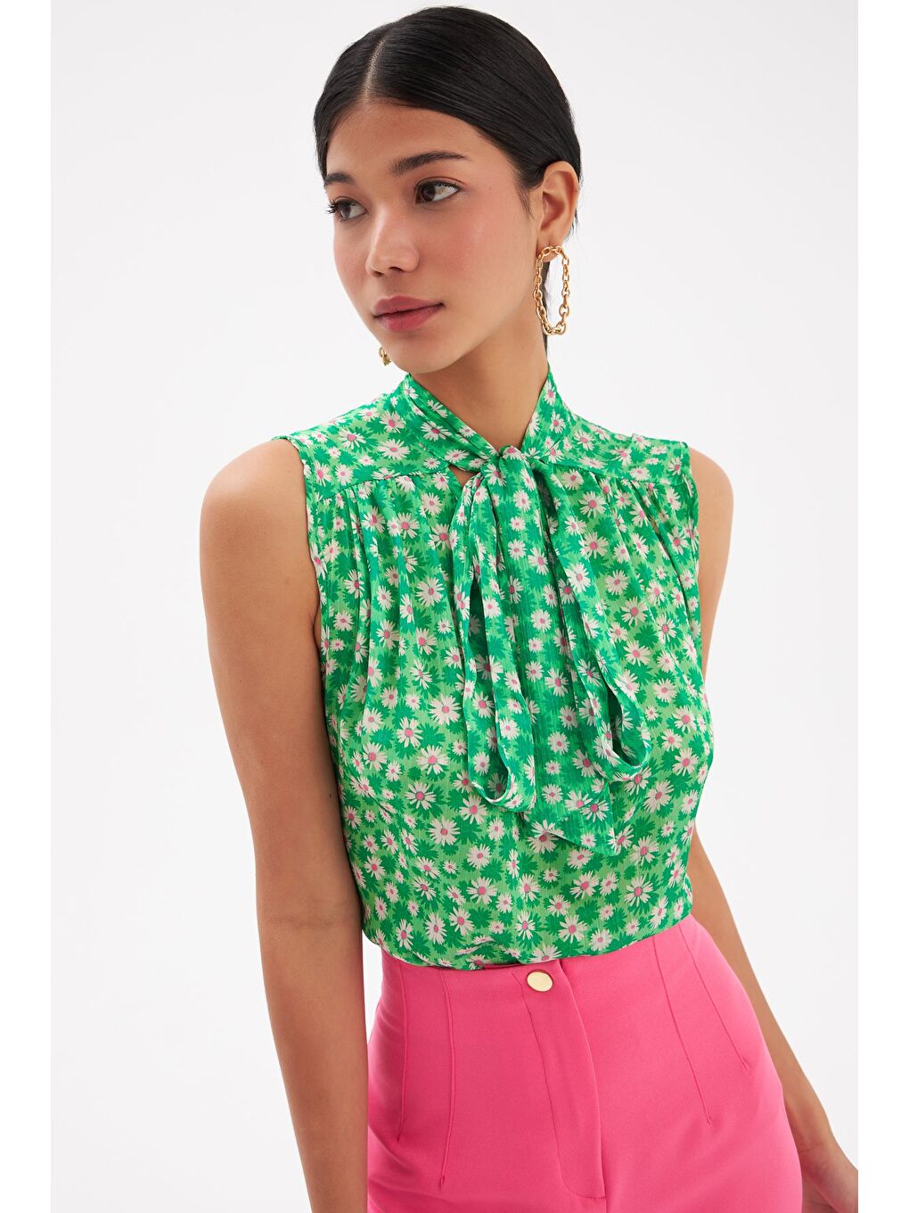 Fular Yaka Desenli Bluz - Yeşil-5