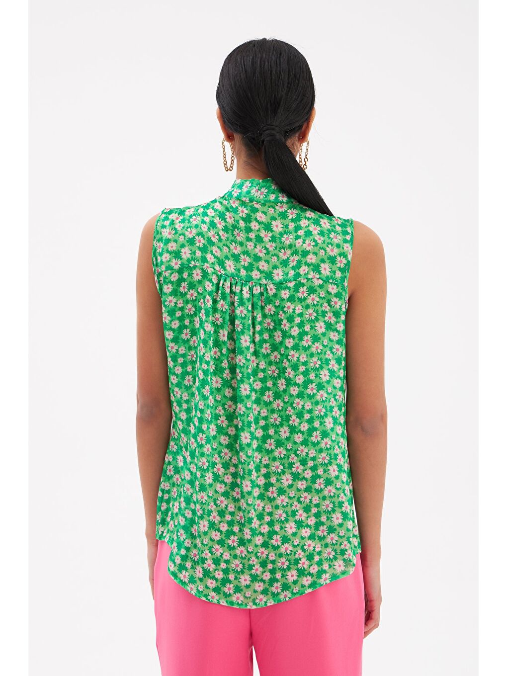 Fular Yaka Desenli Bluz - Yeşil-6