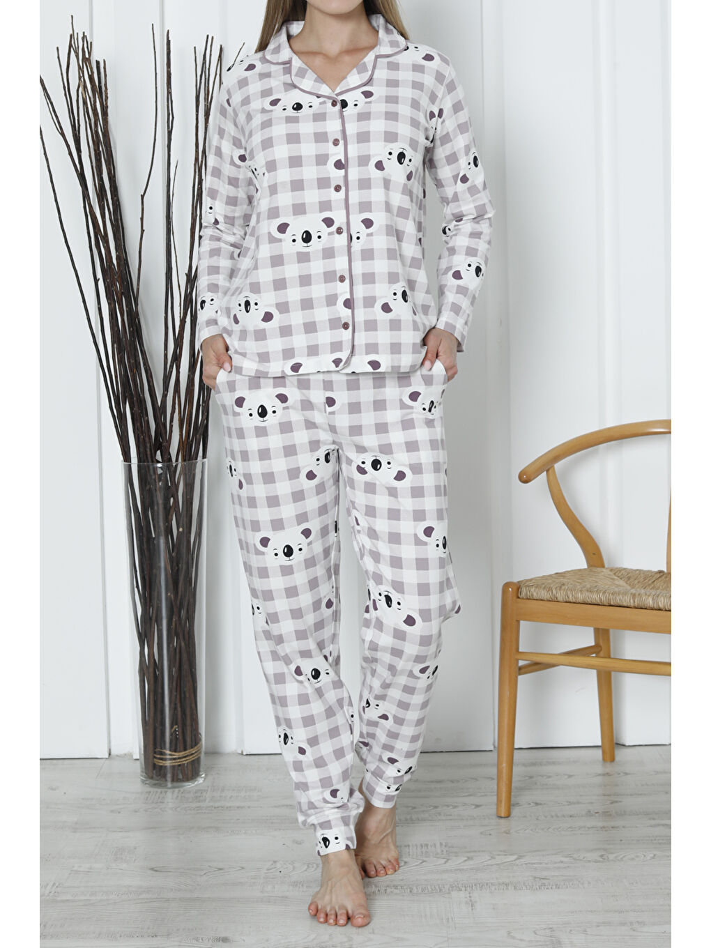 Mürdüm Kadın Düğmeli Pijama Takımı Uzun Kollu Cepli Pamuklu Elastanlı MÜRDÜM