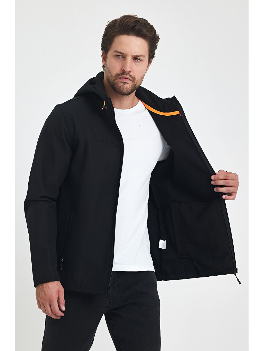 Siyah Kapüşonlu Fermuarlı Softshell Erkek Mont  6044-1-1