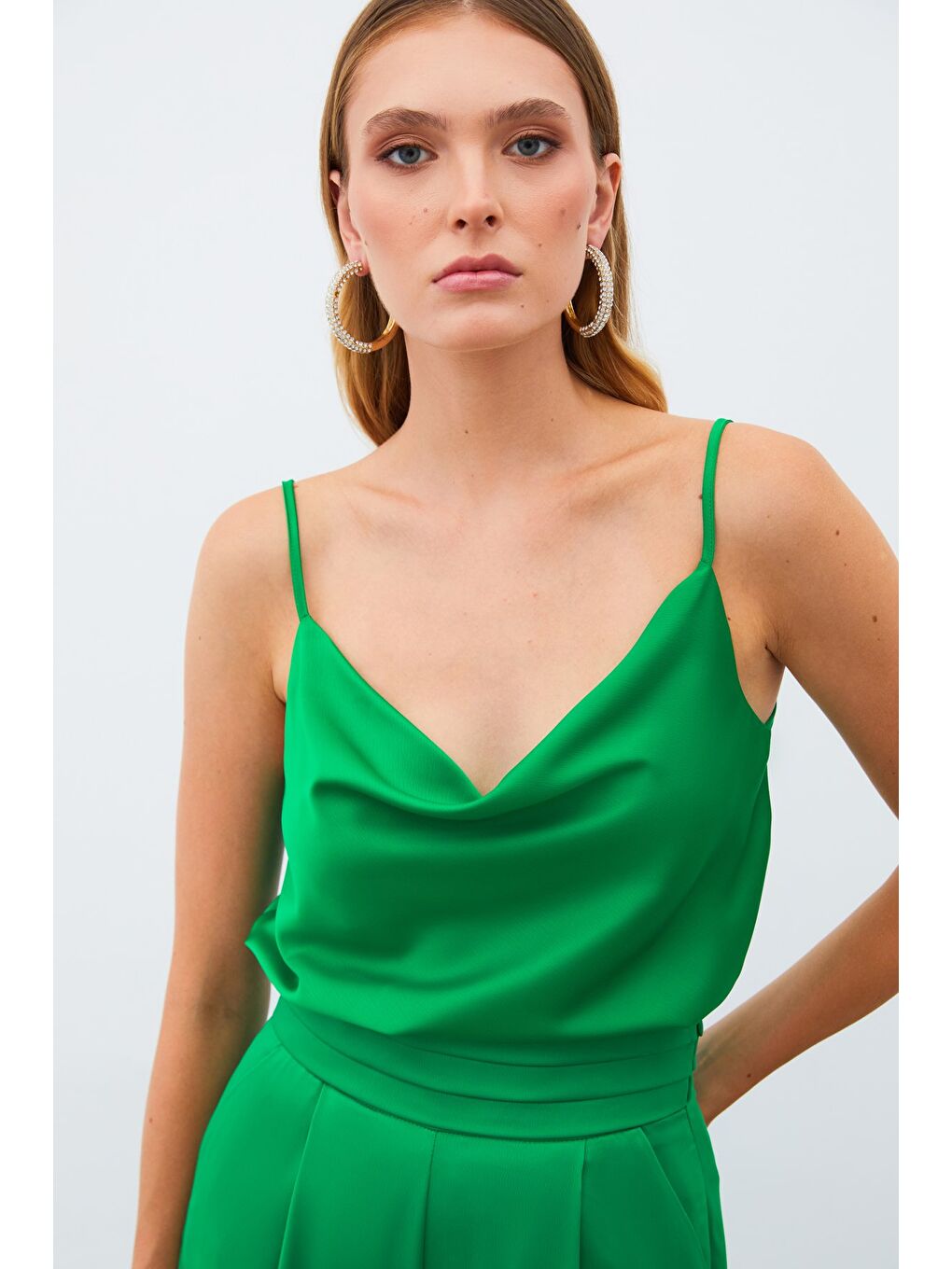 SATEEN Degaje Yaka Saten Bluz - Yeşil - 1