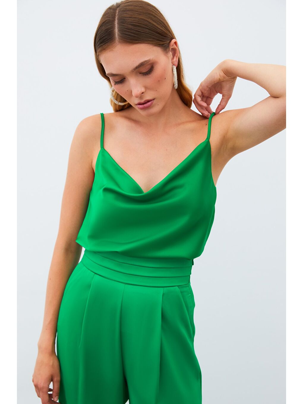 SATEEN Degaje Yaka Saten Bluz - Yeşil - 2