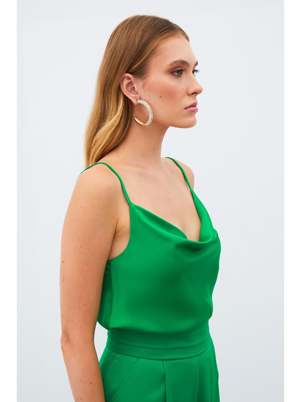 SATEEN Degaje Yaka Saten Bluz - Yeşil - 3