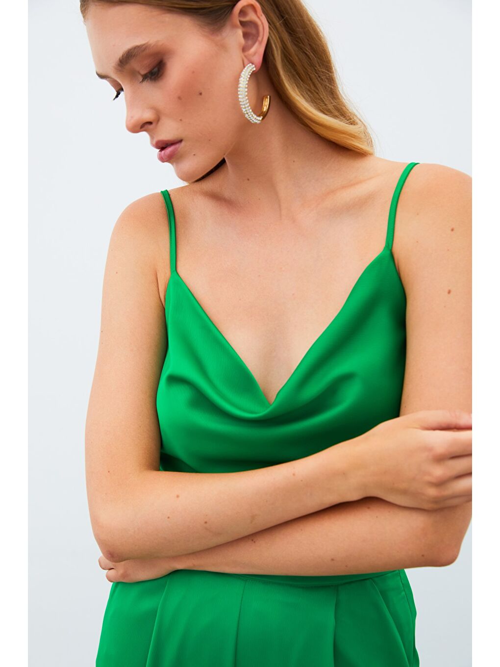 SATEEN Degaje Yaka Saten Bluz - Yeşil - 4