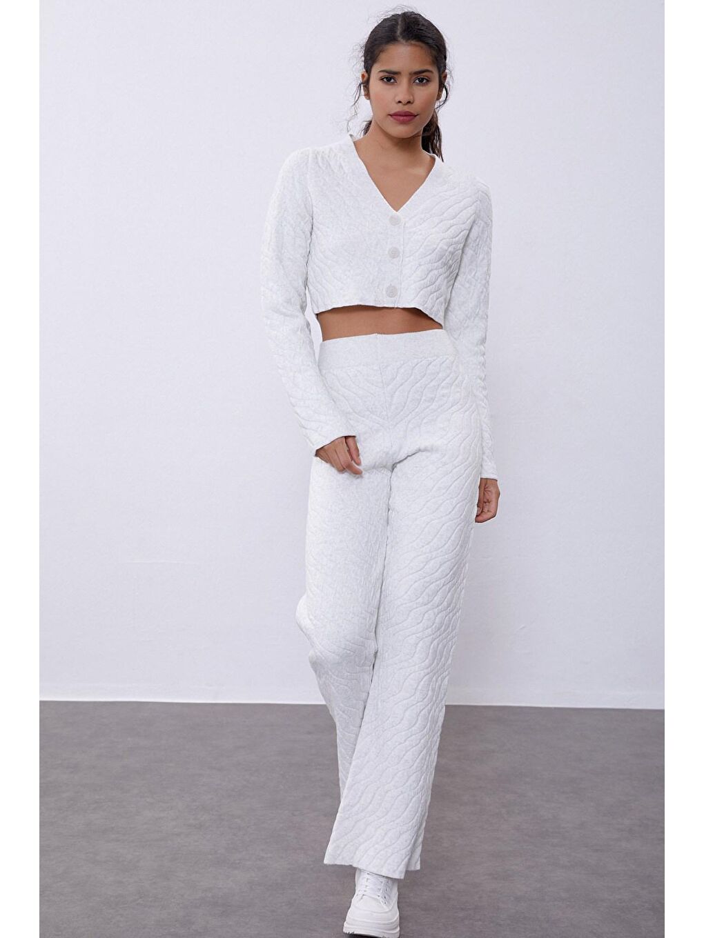 Ekru Crop Hırka Pantolon Triko Takım