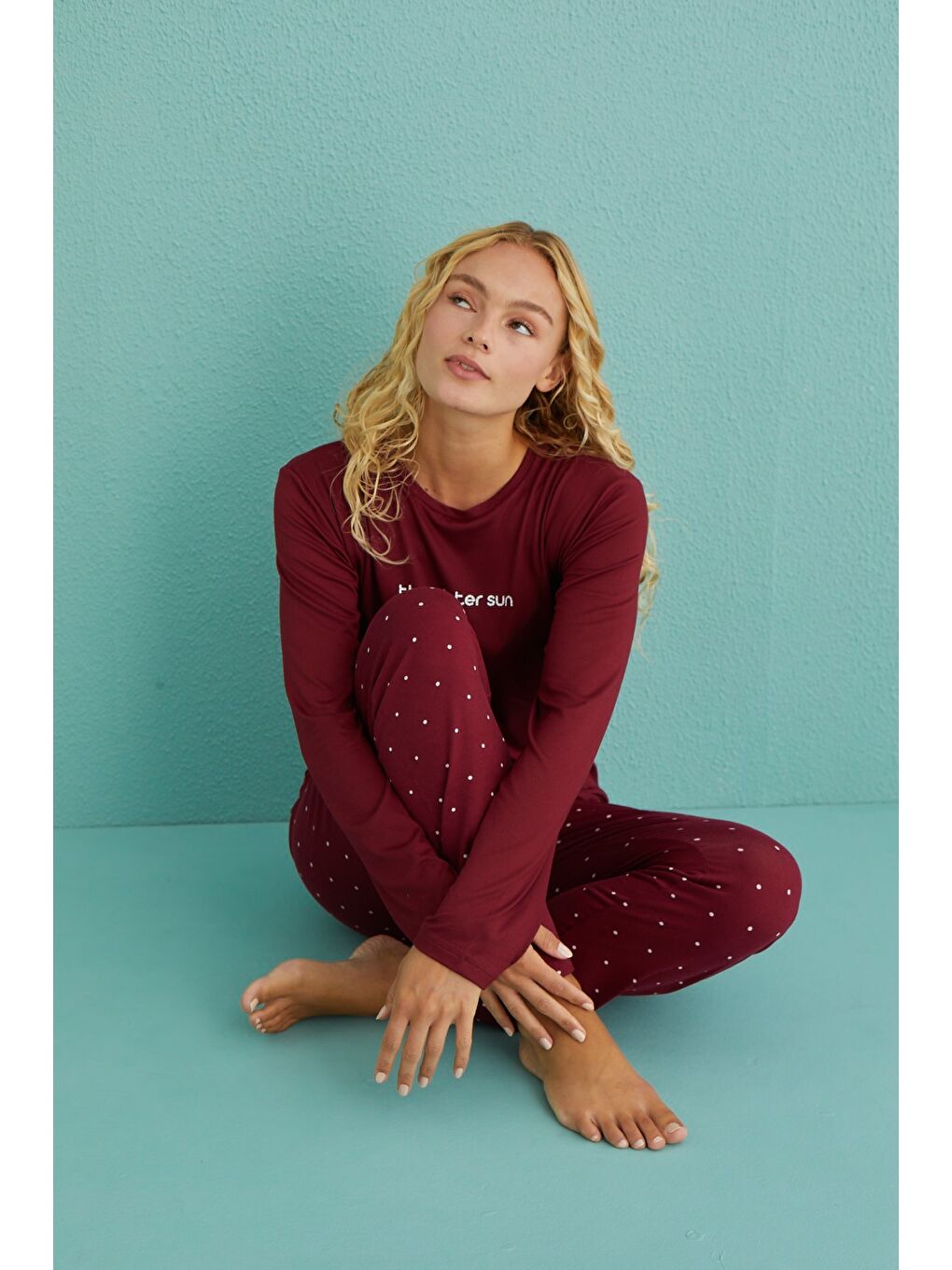 Kadın Bordo Uzun Kollu Esnek Rahat Yüksek Kalite Milan Kumaş Pijama Takımı-2