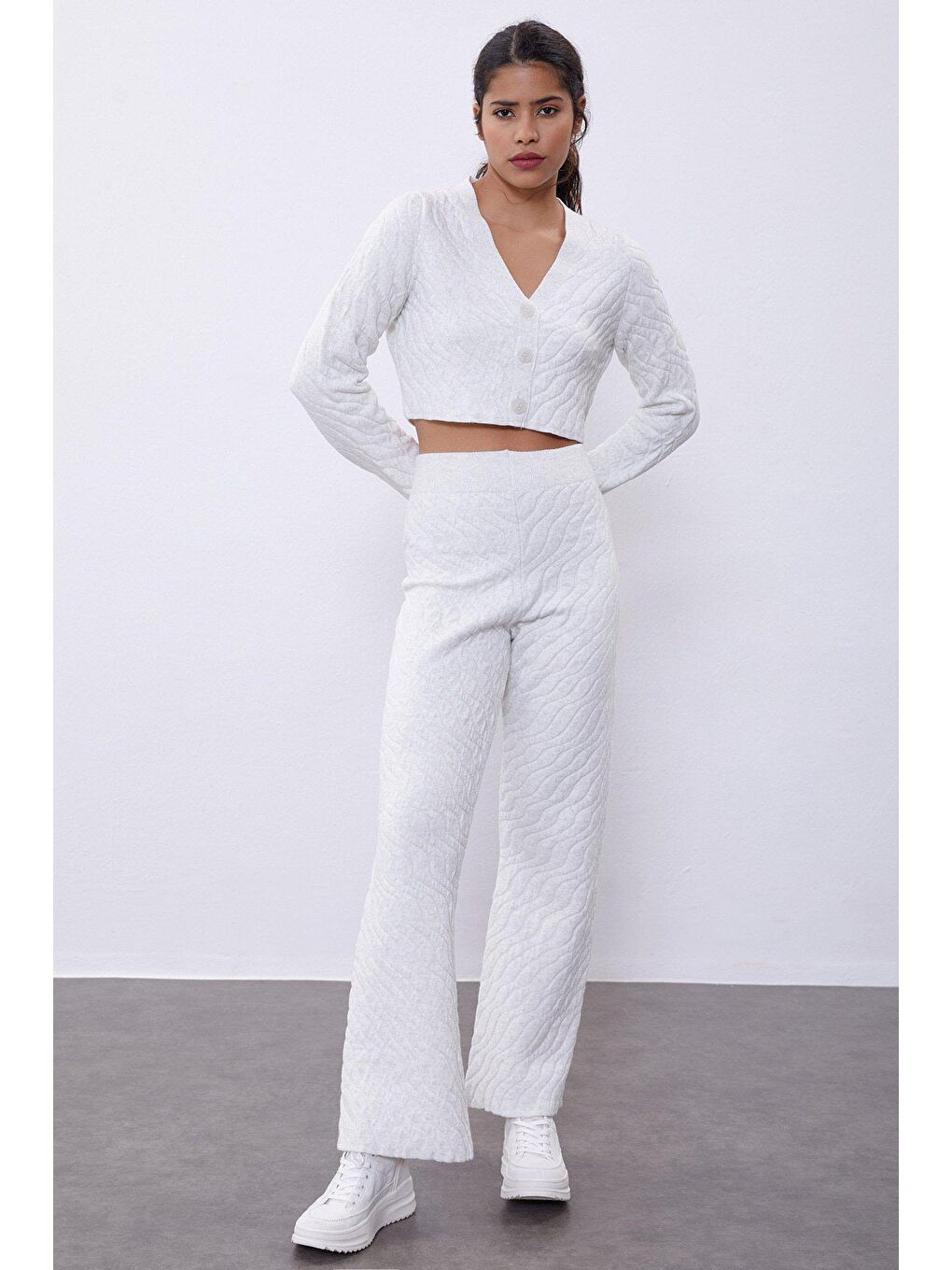 Ekru Crop Hırka Pantolon Triko Takım-1