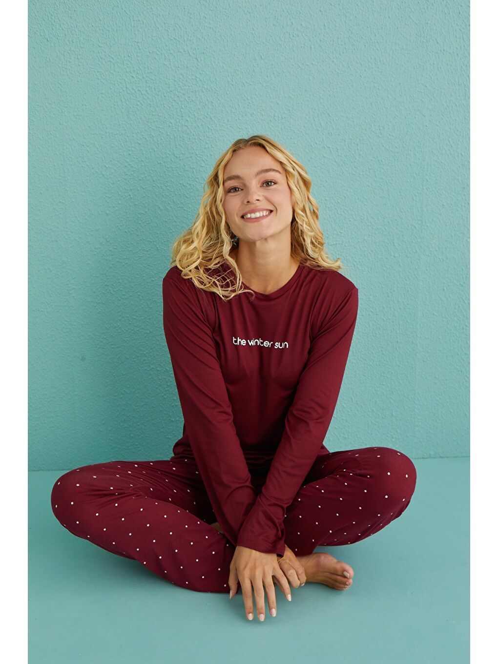 Kadın Bordo Uzun Kollu Esnek Rahat Yüksek Kalite Milan Kumaş Pijama Takımı-3