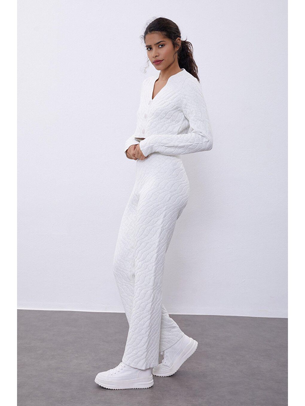 Ekru Crop Hırka Pantolon Triko Takım-2