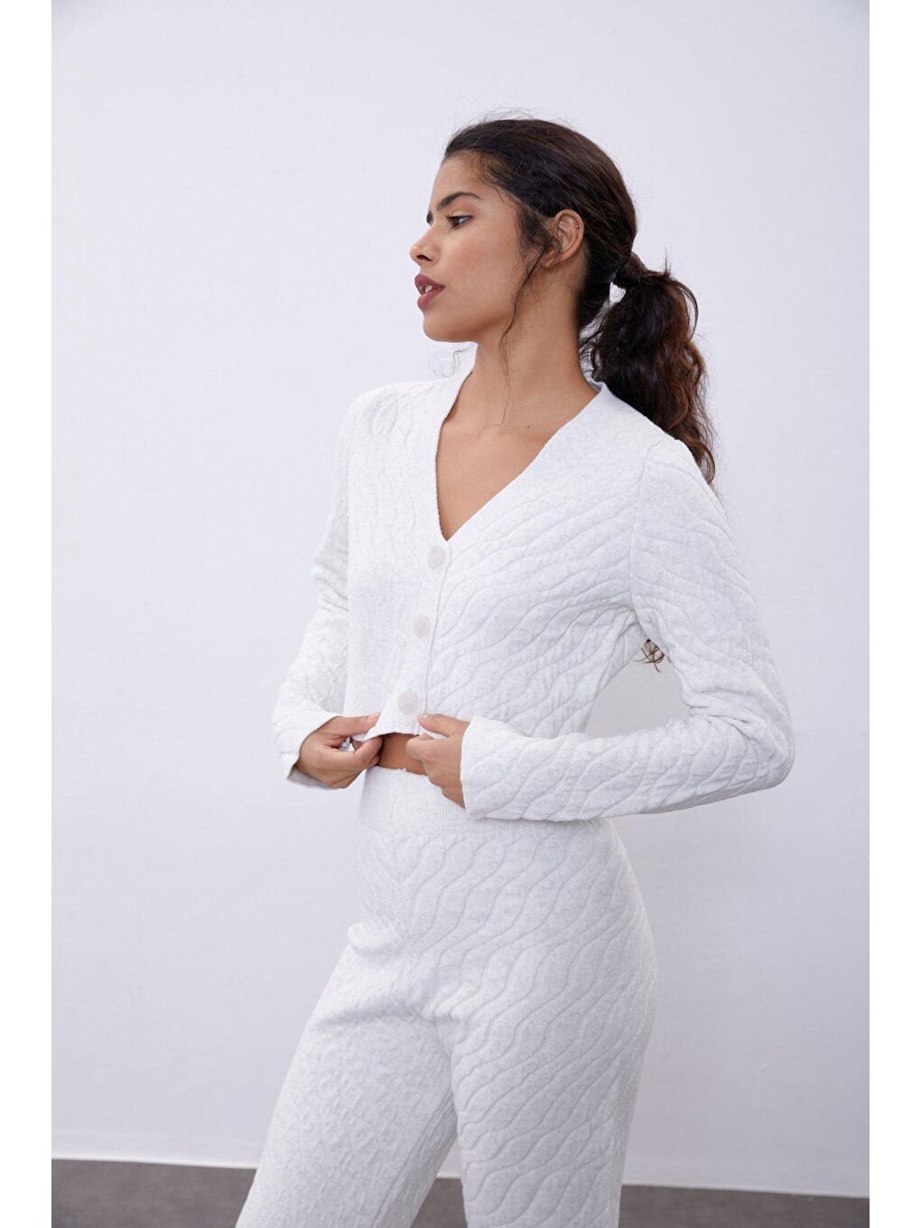 Ekru Crop Hırka Pantolon Triko Takım-3