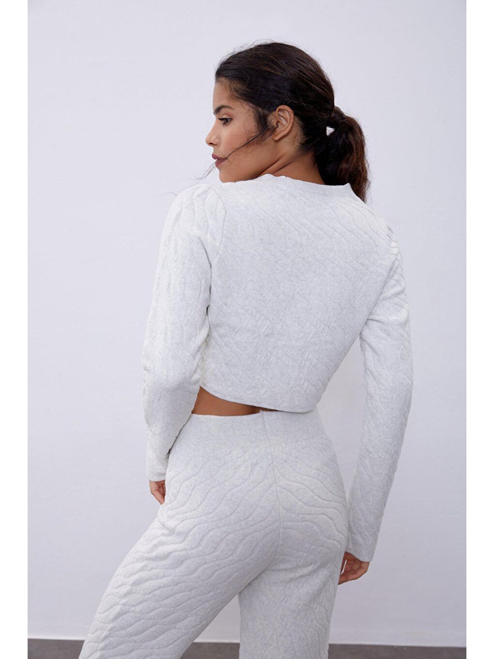 Ekru Crop Hırka Pantolon Triko Takım-4